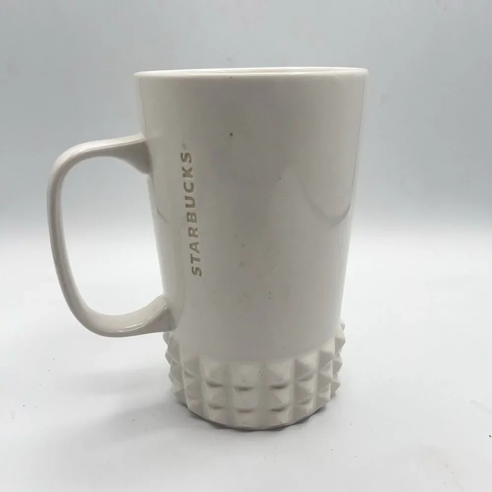 STARBUCKS COFFEE 2014 Tall White Mug Cup Mirror Label Hobnail Base 16 Oz - Picture 4 of 11